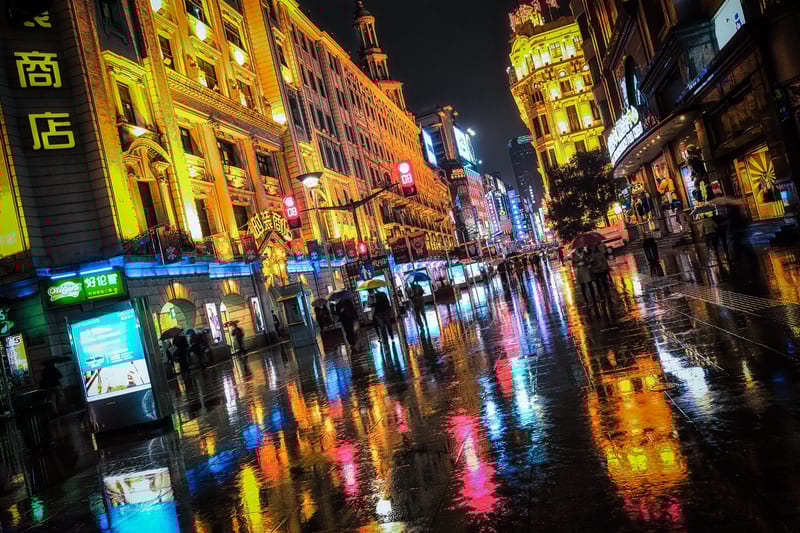 Shanghai City Lights at night in the rain