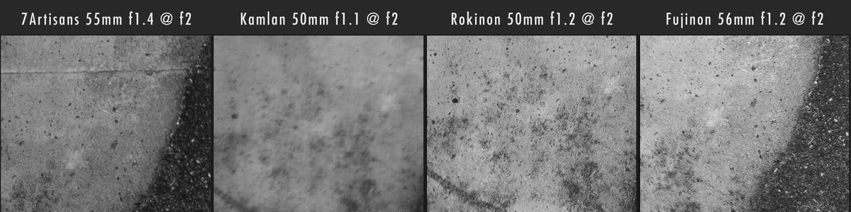 Kamlan 50mm f1.1 vs 7Artisans 55mm f1.4 vs Rokinon 50mm f1.2 Corner Sharpness @ f2