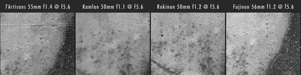 Kamlan 50mm f1.1 vs 7Artisans 55mm f1.4 vs Rokinon 50mm f1.2 Corner Sharpness @ f5.6