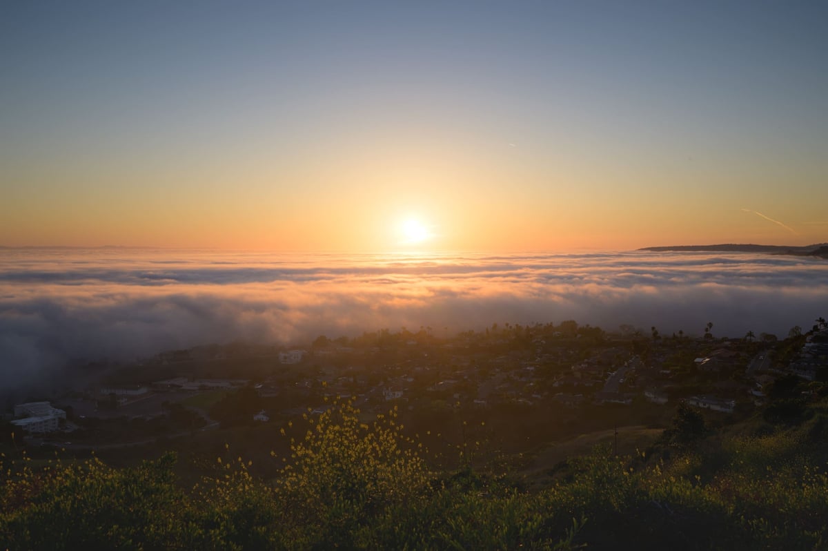 Sunset landscape photo of sun setting above clouds.