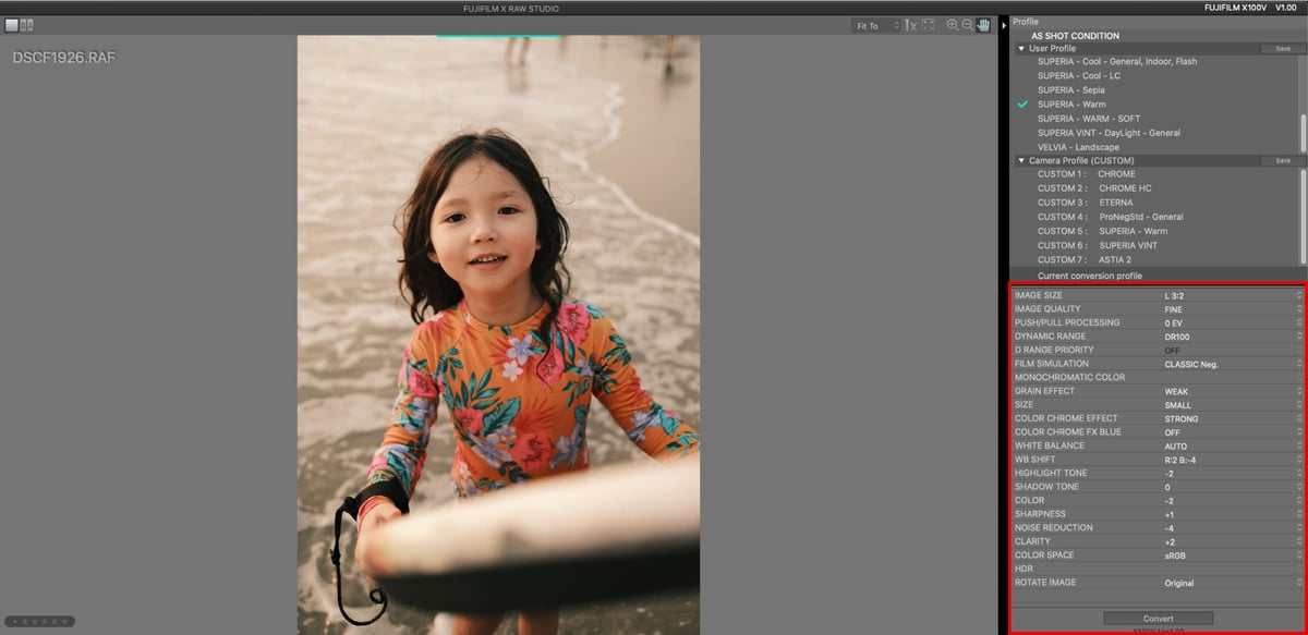 FUJIFILM X RAW STUDIO Current conversion profile panel