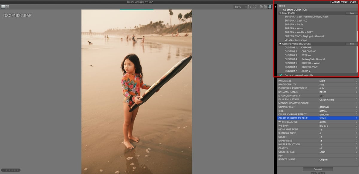 FUJIFILM X RAW STUDIO As Shot Conditions Window