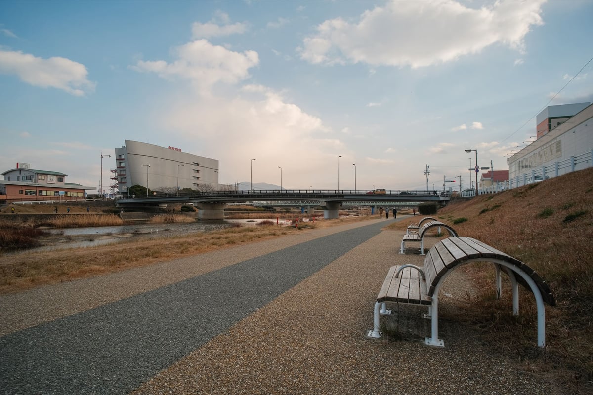 Pergear 12mm f2 Sample Photo of benches on the side of a river.