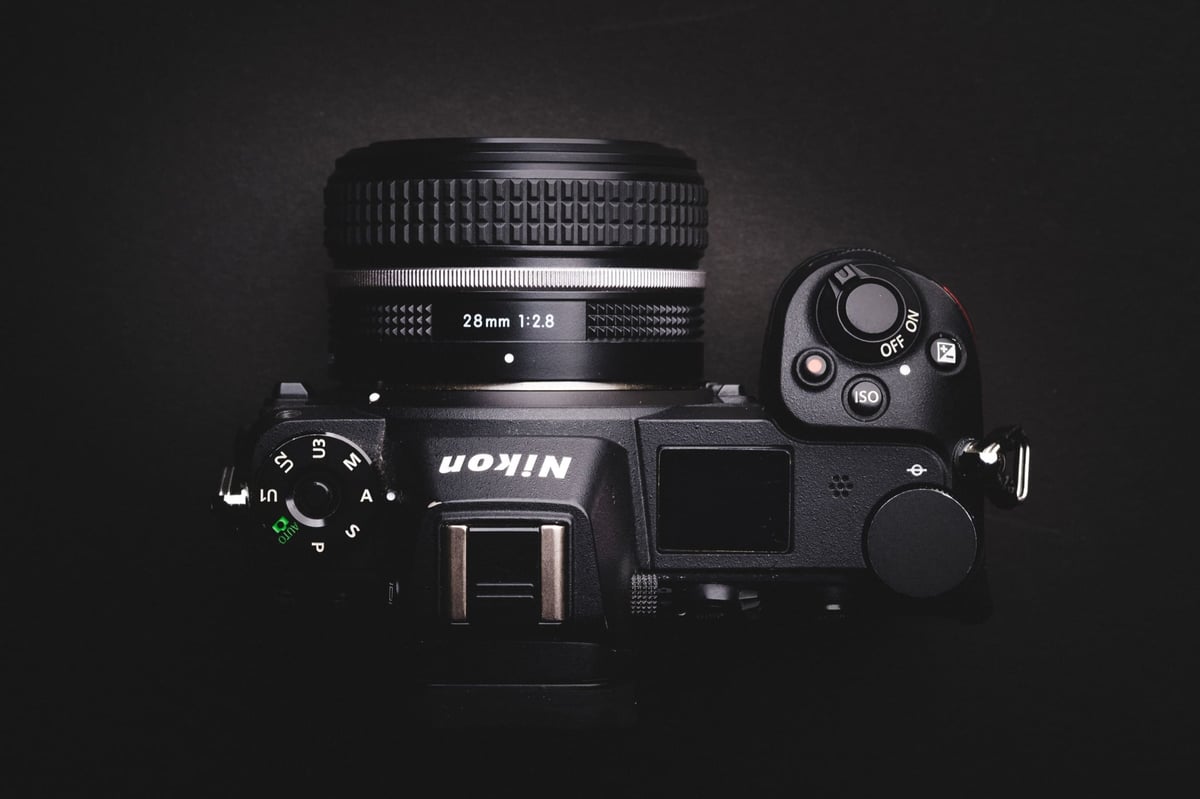 Nikon Z 28mm f2.8 Product Shot on the Nikon Z6 from above.