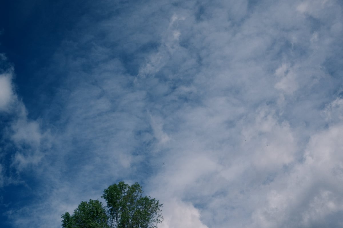 Looking up at the sky and clouds.