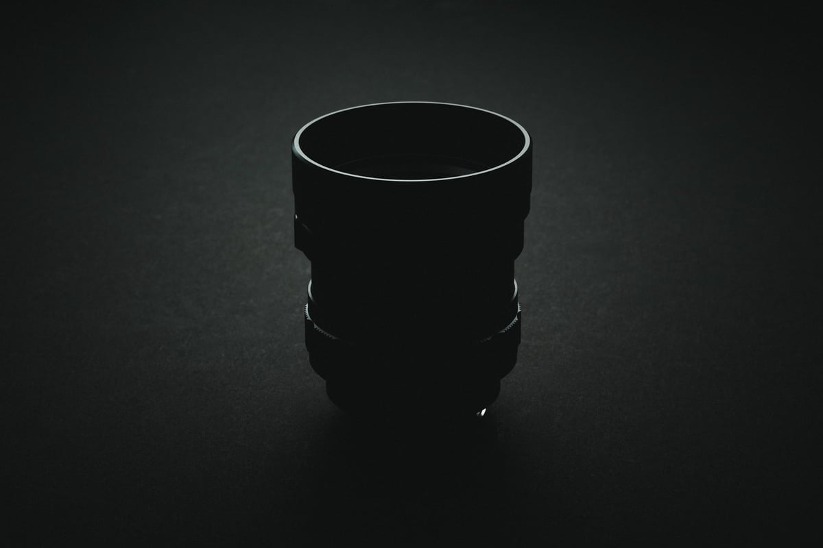 Simera 75mm f1.4 Product shot with lens hood